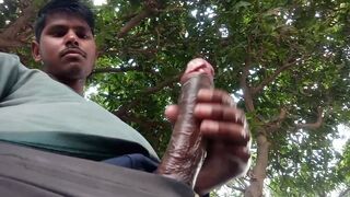 Indian Man Milking His Humungous Chocolate-colored Uncircumcised Shaft Outdoors