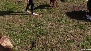 CH 535, Camera guy pays a young guy in black jacket exercising his dogs to suck and b