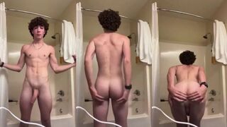 Hung very curly haired brunette shows off in the bathroom